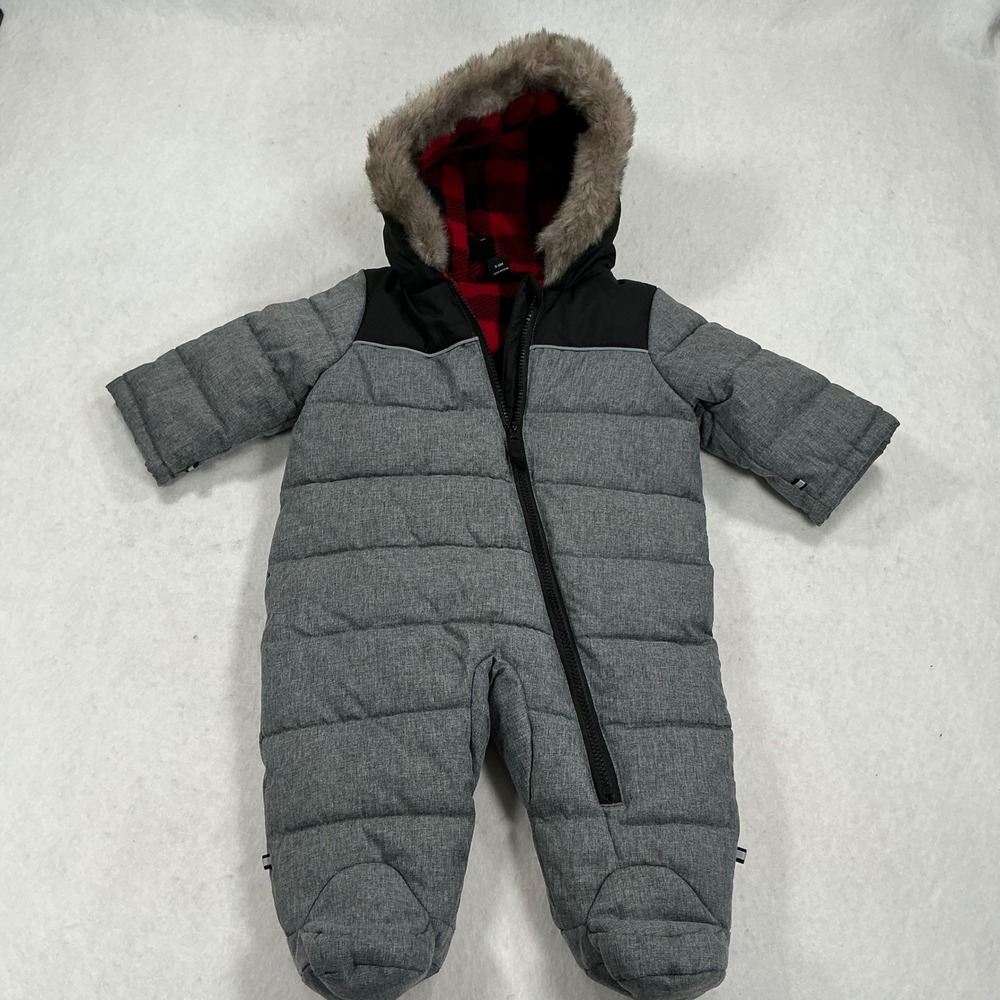 Swiss Tech Baby Puffer Bunting Suit Gray Plaid Fleece Faux Fur Hood 3-6M